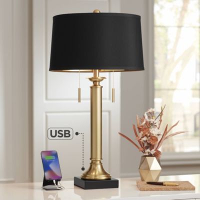 Wynne Traditional Table Lamp 30" Tall Warm Gold with USB Charging Port Black Drum Shade for Bedroom Living Room Bedside Nightstand