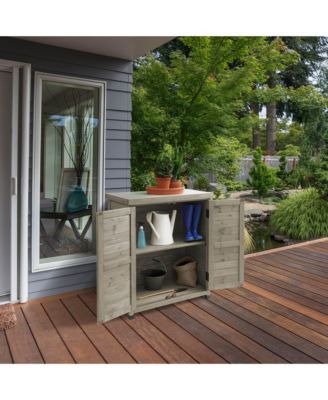 Outdoor Storage Cabinet and Potting Bench with Metal Tabletop and Storage Cabinet - Wooden Outdoor Garden Patio Workstation Table, Natural