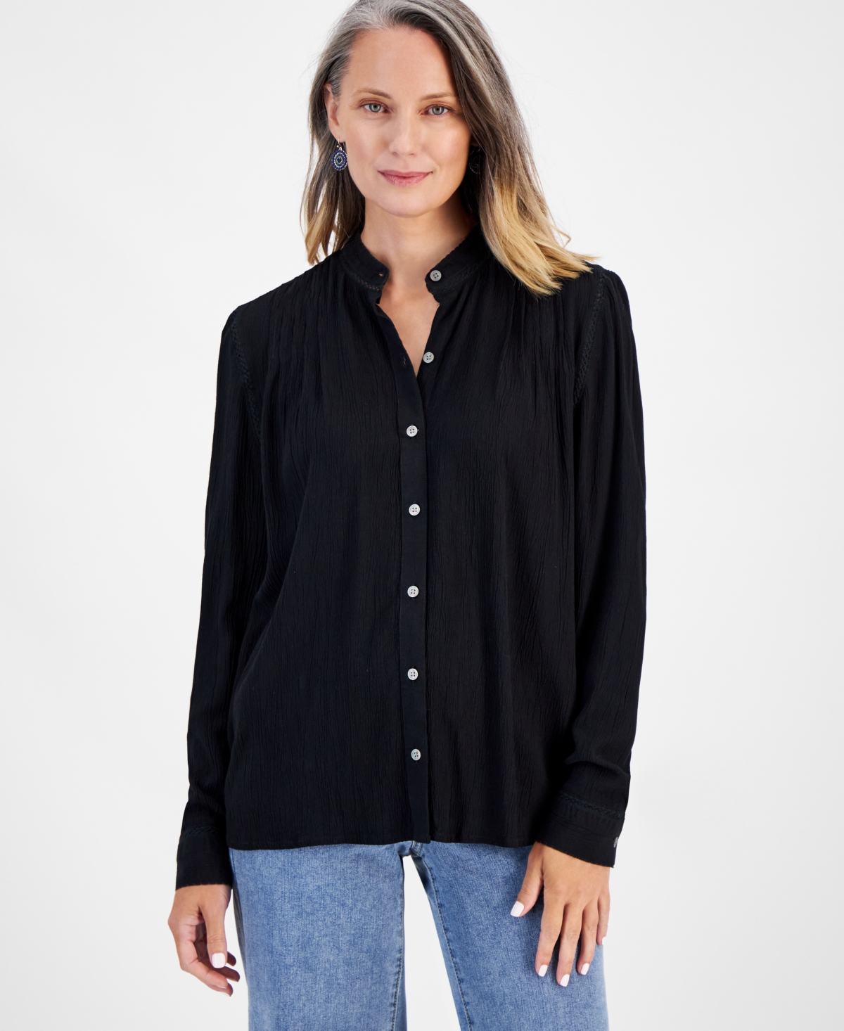 STYLE & CO WOMEN'S LACE-INSET BUTTON-FRONT BLOUSE, CREATED FOR MACY'S 