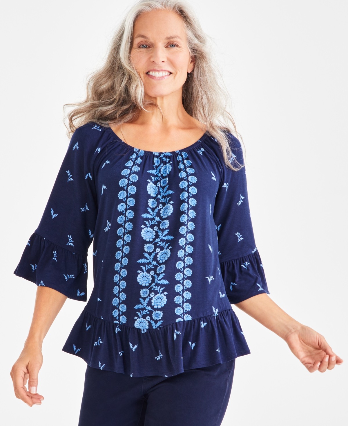 Style & Co Plus Size Printed 3/4-sleeve Top, Created For Macy's In Vine Blue