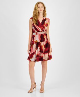 Taylor Women's Printed Chiffon Belted Dress - Macy's