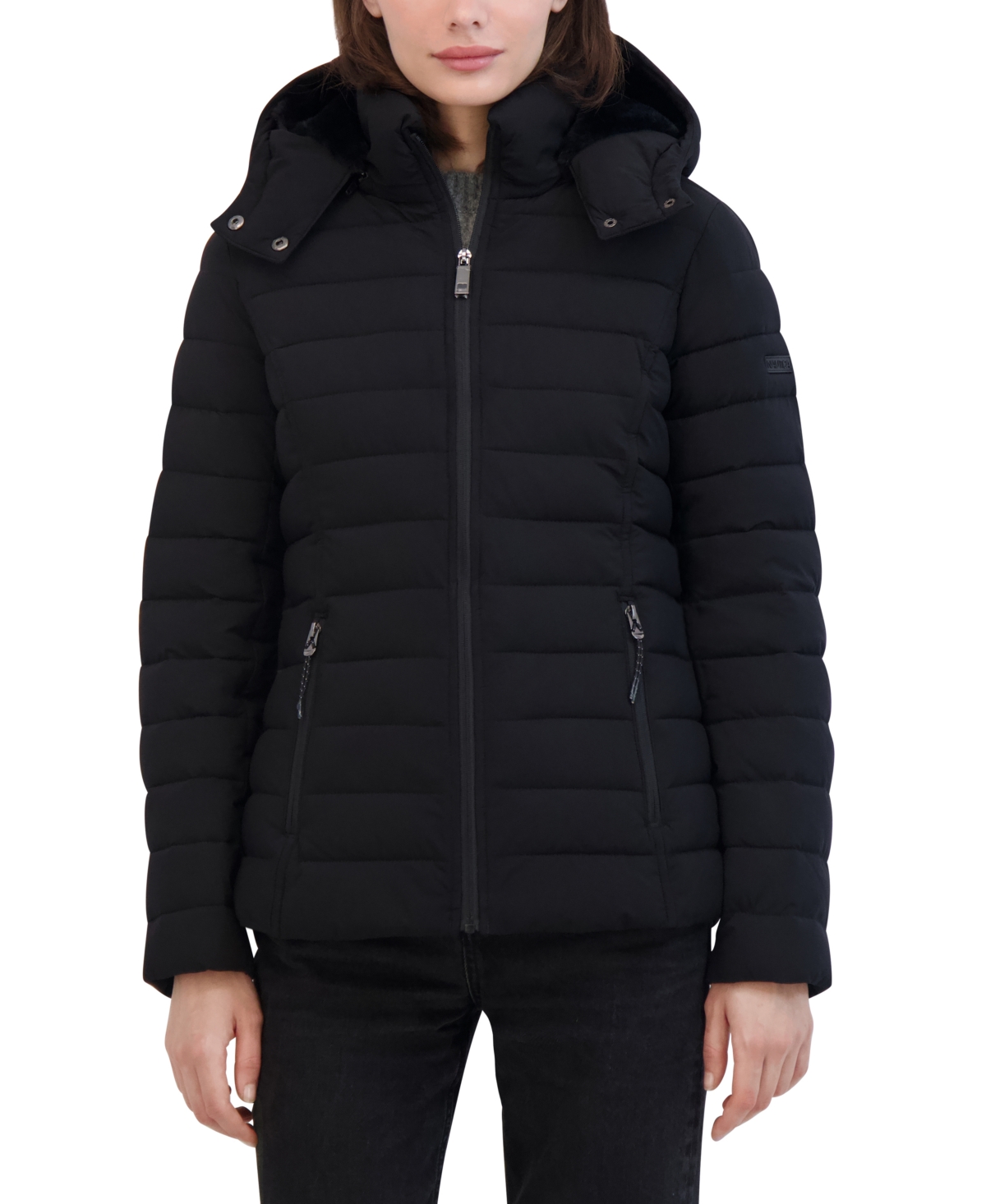 Nautica Women's Stretch Faux-fur-hooded Packable Puffer Coat In Noir