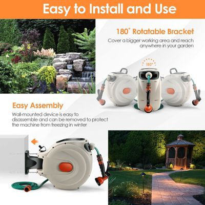 Retractable Hose Reel Wall Mounted 1/2 Inch 98 Feet Any Length Lock with Hose Nozzle