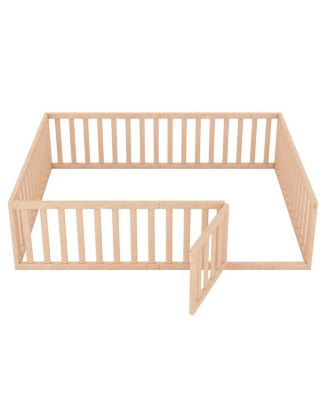 Queen Size Wood Floor Bed Frame With Fence And Door