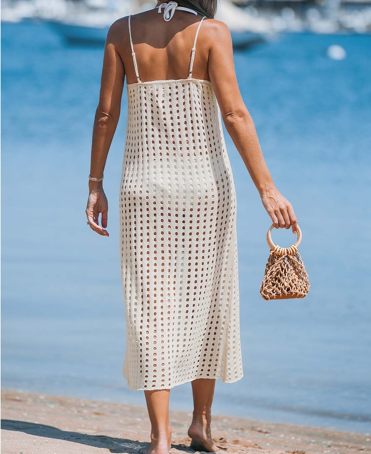 Cupshe Women's Beige Perforated Knit Sleeveless Keyhole Cover-Up