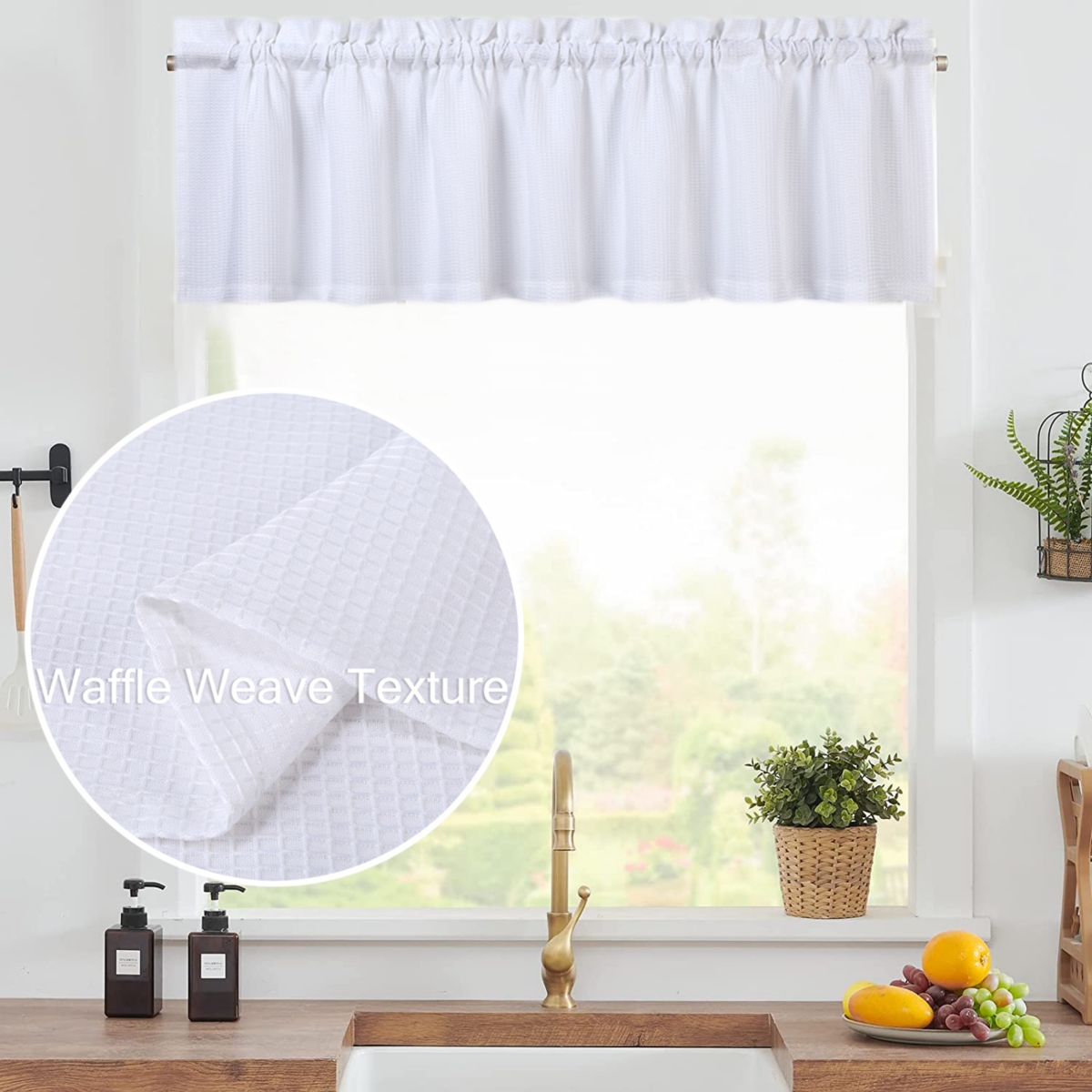 Waffle Weave Rod Pocket Kitchen Valance Curtain, 60" x 15" - Sage green