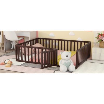 Queen Size Wood Floor Bed Frame With Fence And Door