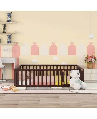 Queen Size Wood Floor Bed Frame With Fence And Door