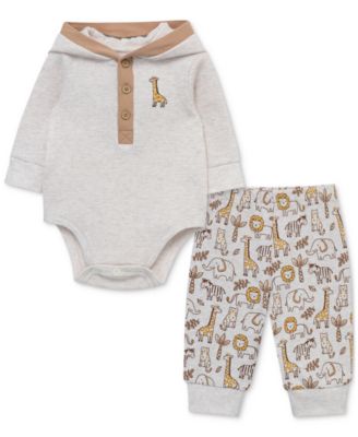 Little Me - Baby Cotton Giraffe Hooded Bodysuit & Printed Pants, 2 Piece Set