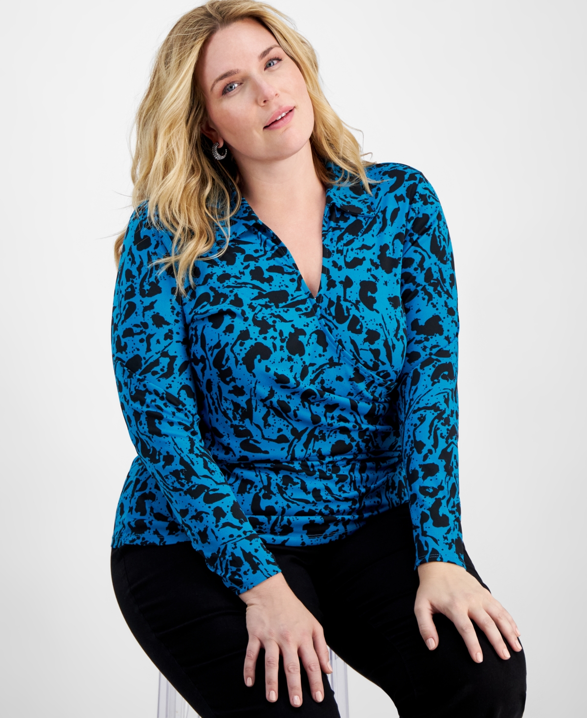I.n.c. International Concepts Plus Size Printed Faux-Wrap Top, Created for Macy's