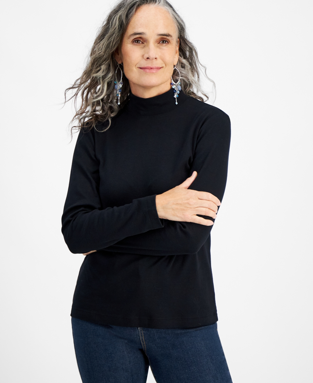 Style & Co Petite Mock-neck Cotton Long-sleeve T-shirt, Created For Macy's In Deep Black