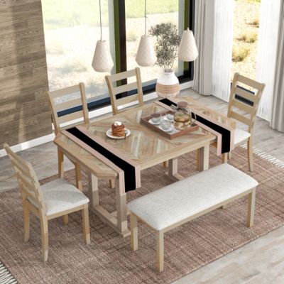 6-Pc. Rubberwood & MDF Geometric Pattern Dining Table Set
