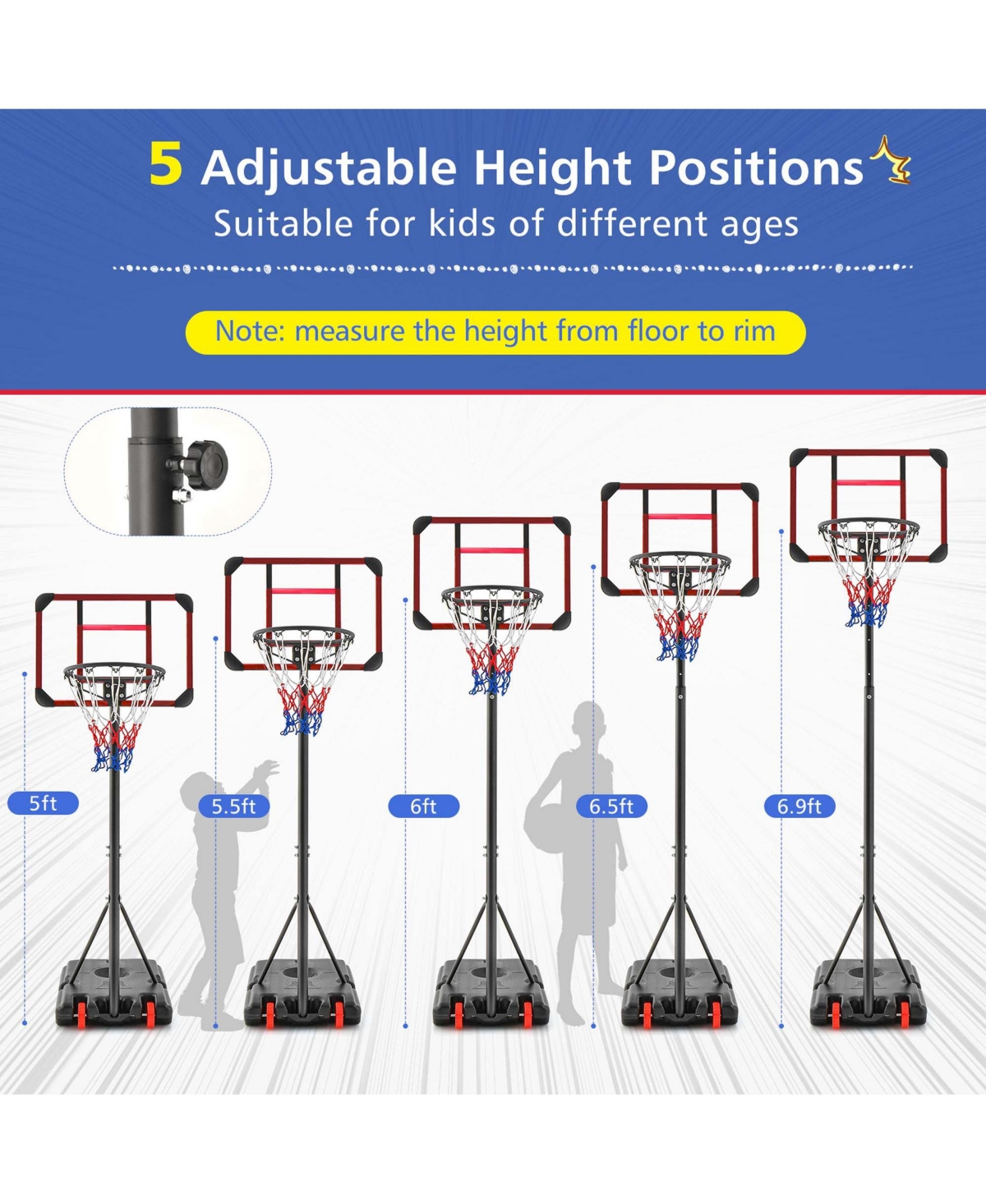 Portable Basketball Hoop Stand 6.3FT-8.1FT Adjustable withWheels & Edge Protectors