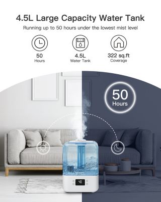 Humidifiers for Bedroom,4.5L Top Fill Humidifiers for Large Room,Cool Mist Humidifiers for Home,360 Nozzle,Auto Shut-Off,Humidity Setting, , White