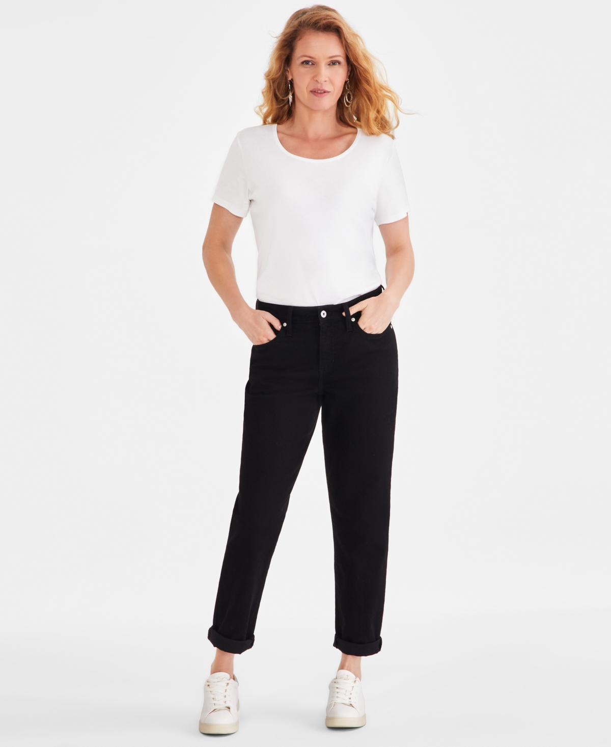 Women's Mid-Rise Relaxed Girlfriend Jeans, Created for Macy's - Deep Black