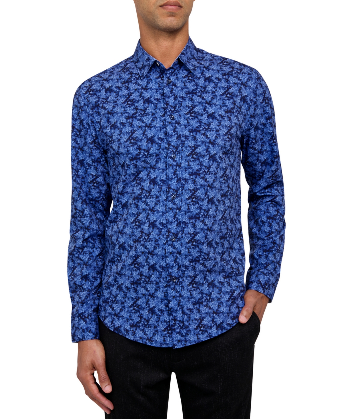 Men's Non-Iron Performance Stretch Moisture-Wicking Abstract Floral Button-Down Shirt - Light Blue