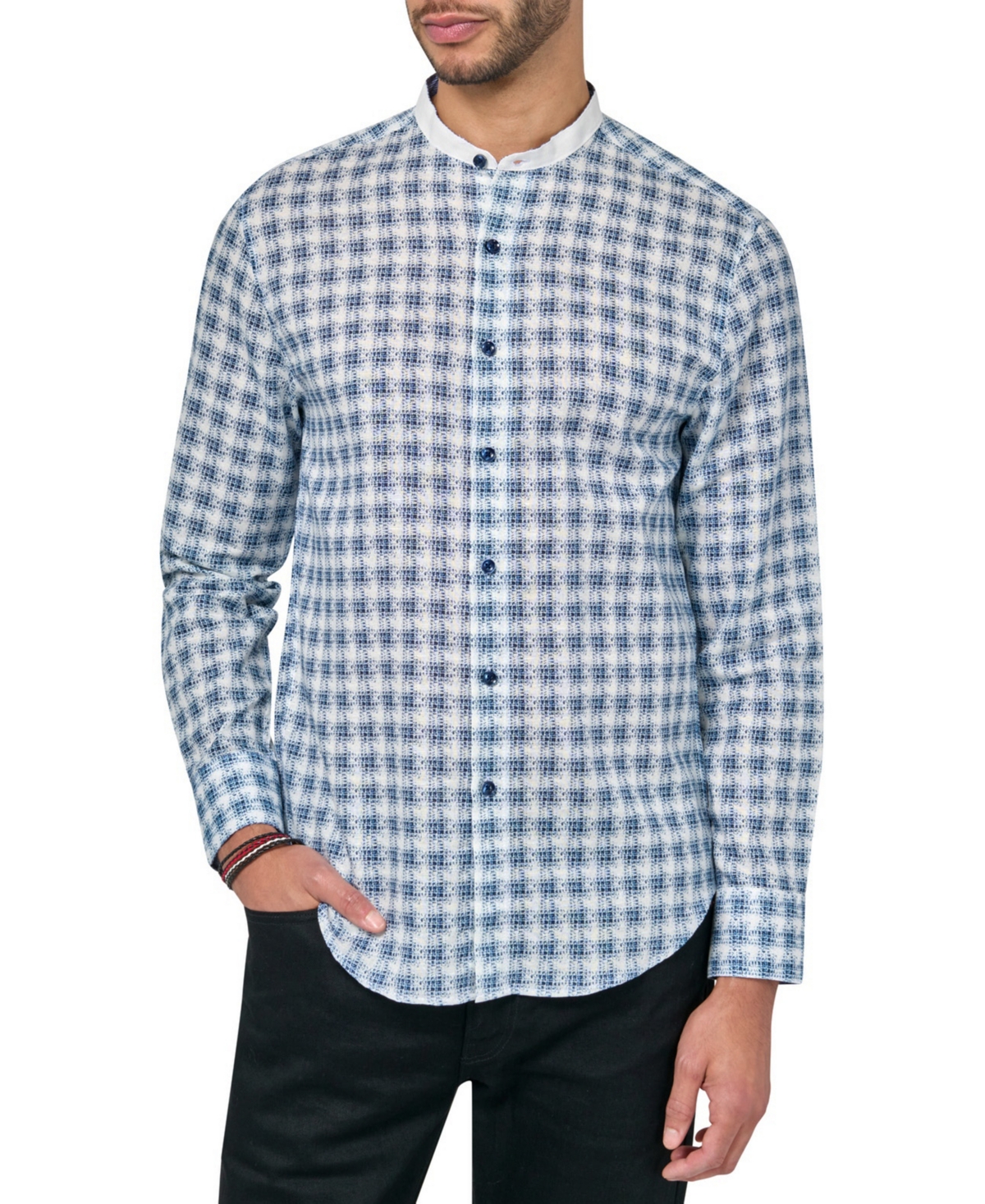 Men's Jett Moisture-Wicking Abstract Check Button-Down Mandarin Shirt - Blue