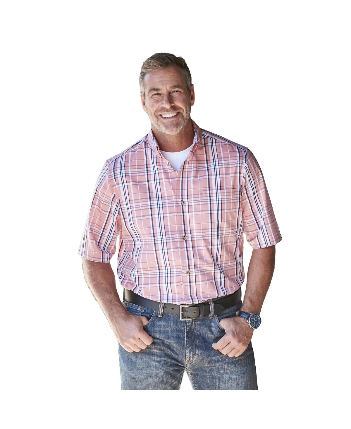 Big & Tall Short Sleeve Wrinkle-Free Sport Shirt - Khaki check