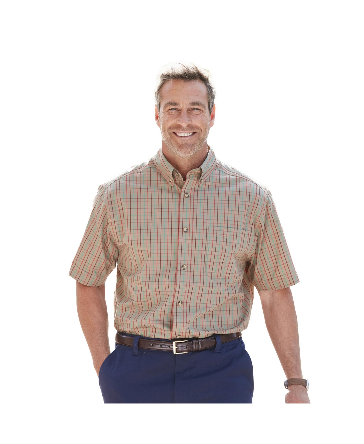 Big & Tall Short Sleeve Wrinkle-Free Sport Shirt - Khaki plaid