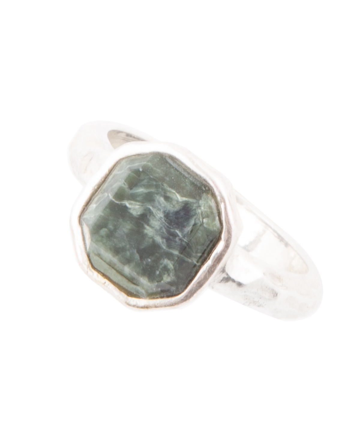Hammered Genuine Green Seraphinite Octagan Sterling Silver Ring - Genuine green seraphinite