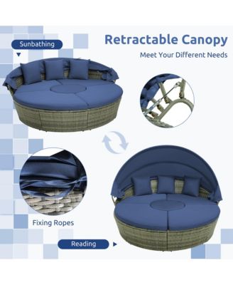 Patio Rattan Daybed Outdoor Sectional Seating with Side Table & Retractable Canopy