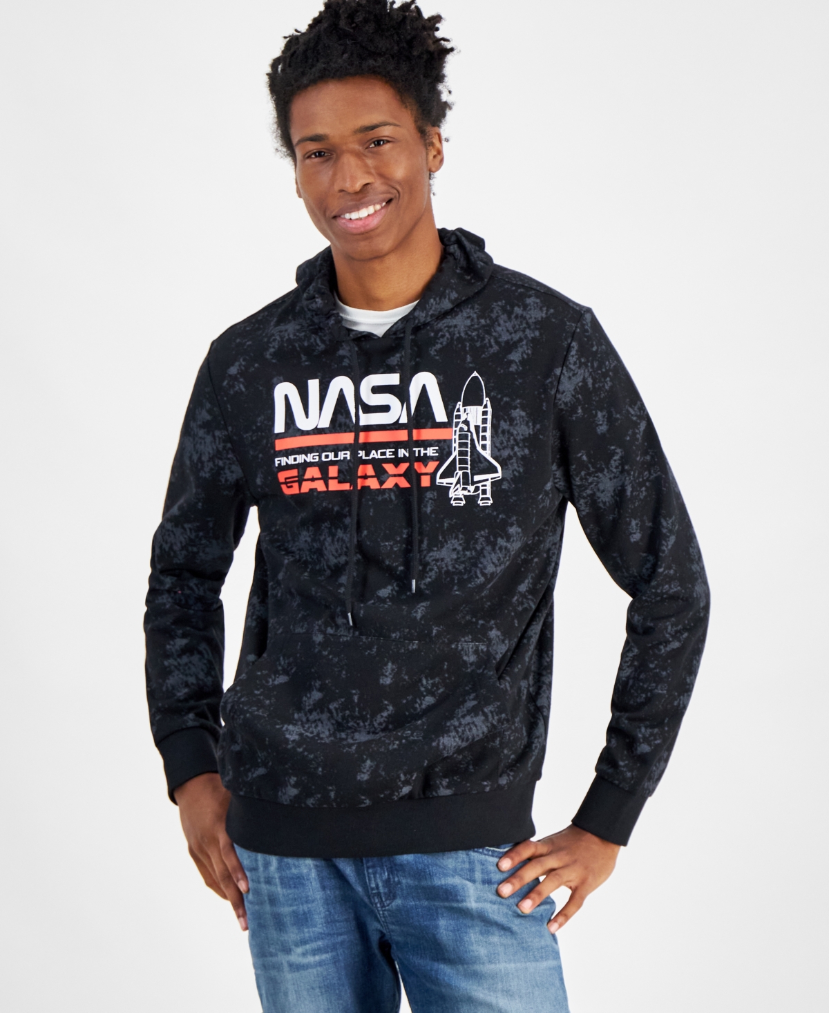 Men's Nasa Space Shuttle Blueprint Regular-Fit Printed Fleece Hoodie - Black