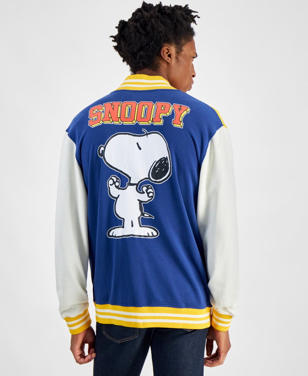 Men's Snoopy Speed Beagle Colorblocked Fleece Varsity Bomber Jacket In Blue Men's Snoopy Speed Beagle Colorblocked Fleece Varsity Bomber Jacket In Blue