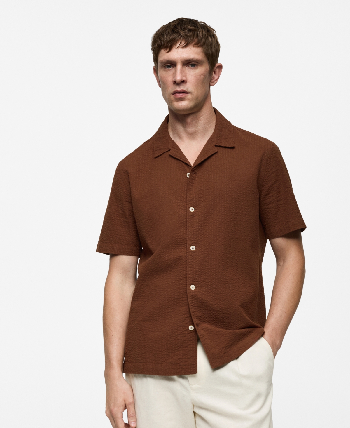 Men's Regular Fit Seersucker Cotton Shirt - Burgundy