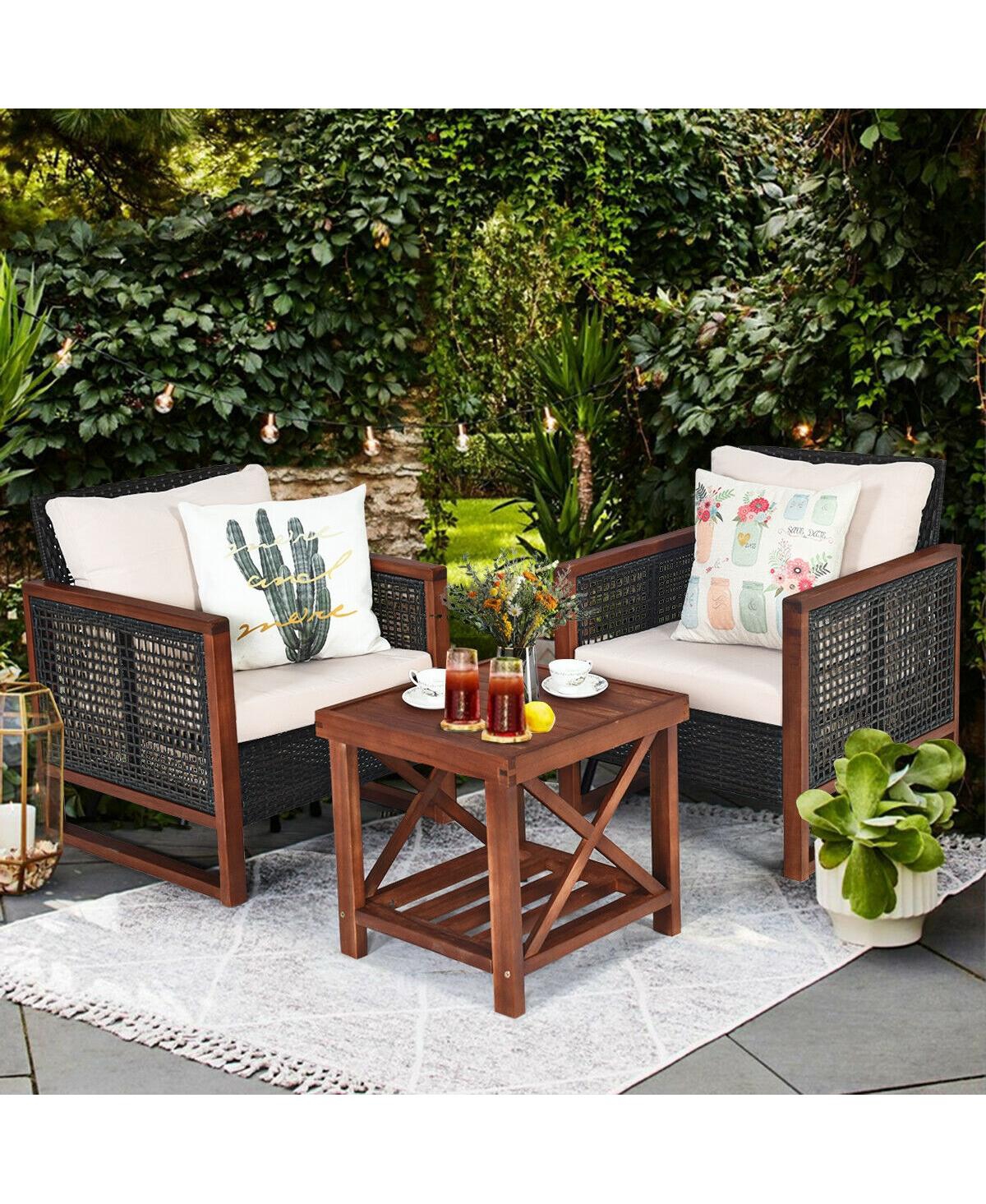 3 Pieces Patio Wicker Furniture Set with Washable Cushion and Acacia Wood Coffee Table-Beige