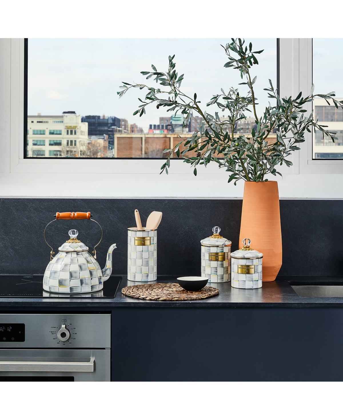 Mackenzie-childs Mackenzie Childs Sterling Check Enameled Steel 3-quart Tea Kettle In No Color