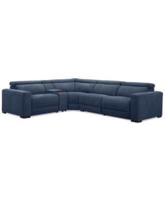 Nevio 5-Pc. Fabric Power Headrest L-Shape Sectional and Console with 2 Power Motion Chairs