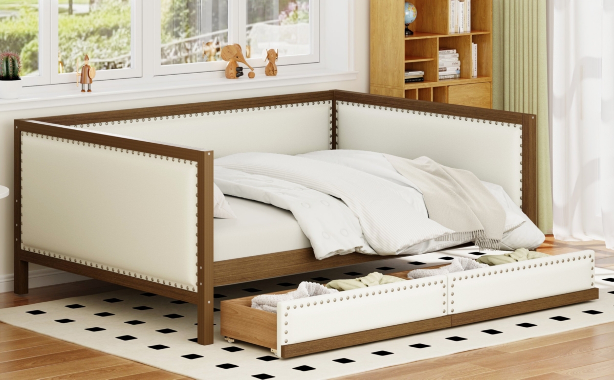 Streamdale Furniture Size Upholstered Daybed with 2 Drawers and Nailhead Decoration,Color - Wood
