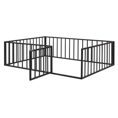 Full Size Metal Floor Bed Frame with Fence and Door