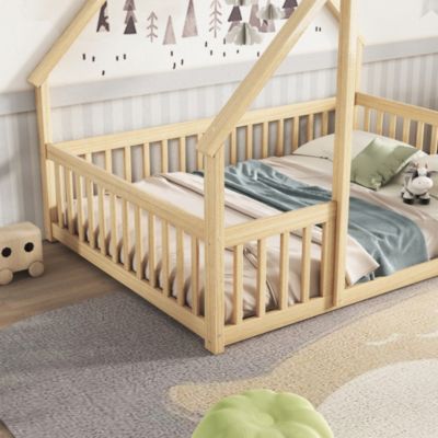 Simplie Fun Full Wood House-Shaped Floor Bed with Fence, Guardrails, Natural
