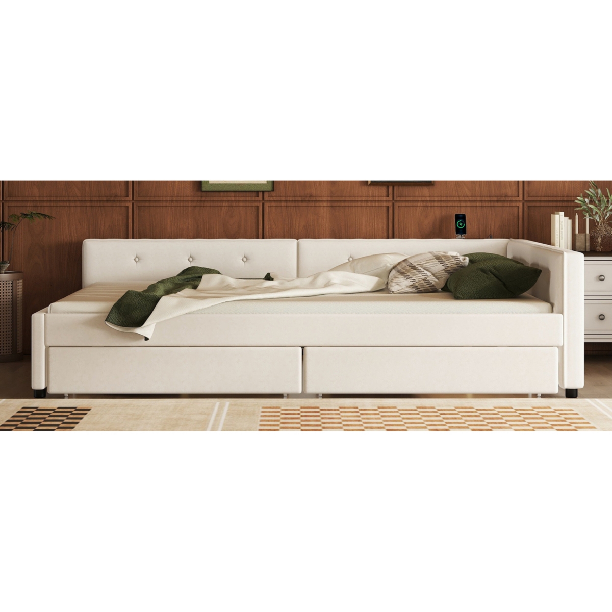 Streamdale Furniture Size Upholstered Platform Bed with Usb and 2 Drawers,- Beige