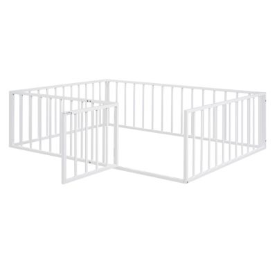 Full Size Metal Floor Bed Frame with Fence and Door