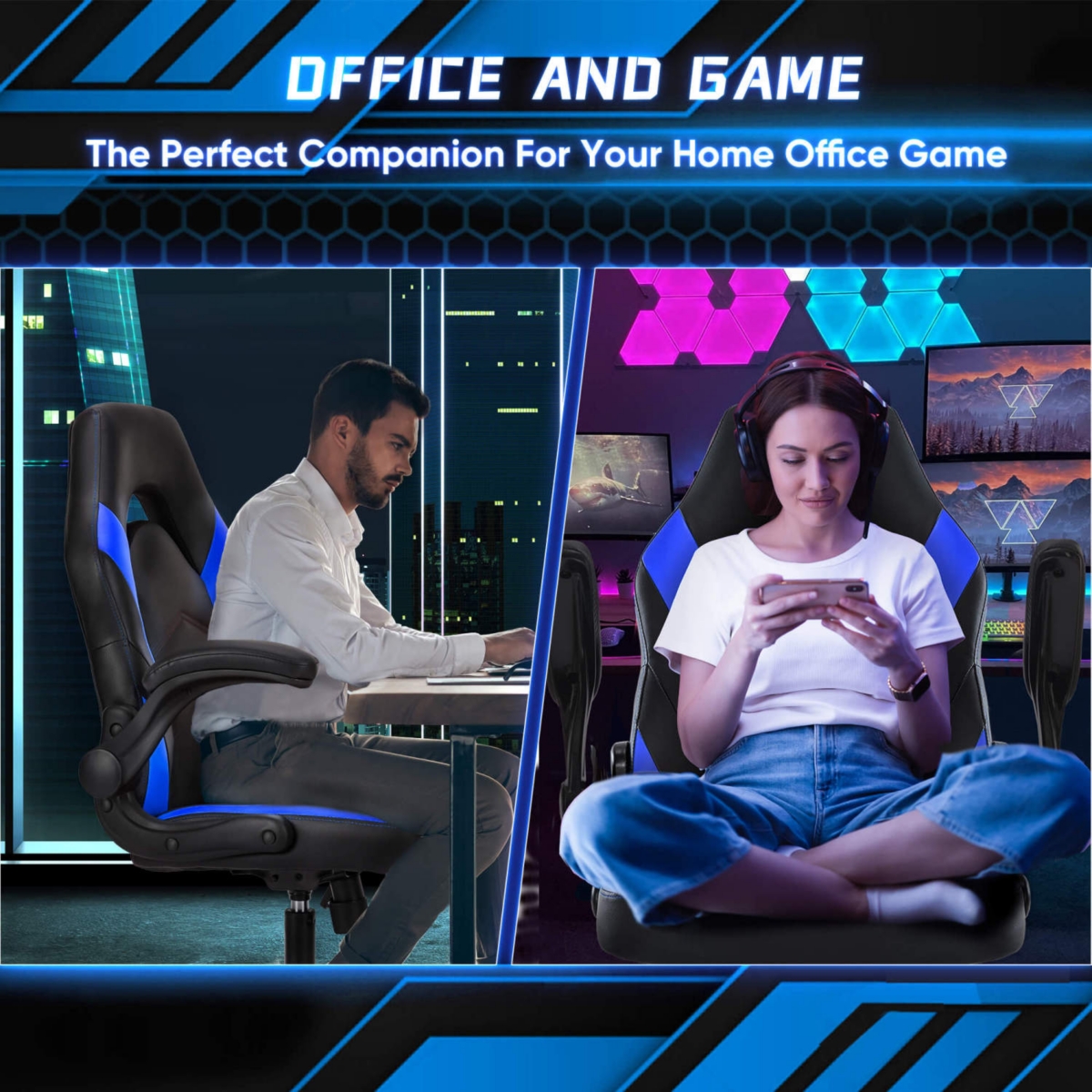 Streamdale Furniture Ergonomic Flipable Armrest Pu Leather Gaming Chair with S Curve Support - Black+blue