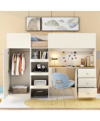  Full-Size Loft Bed with Wardrobe, Desk, Shelves, Drawers