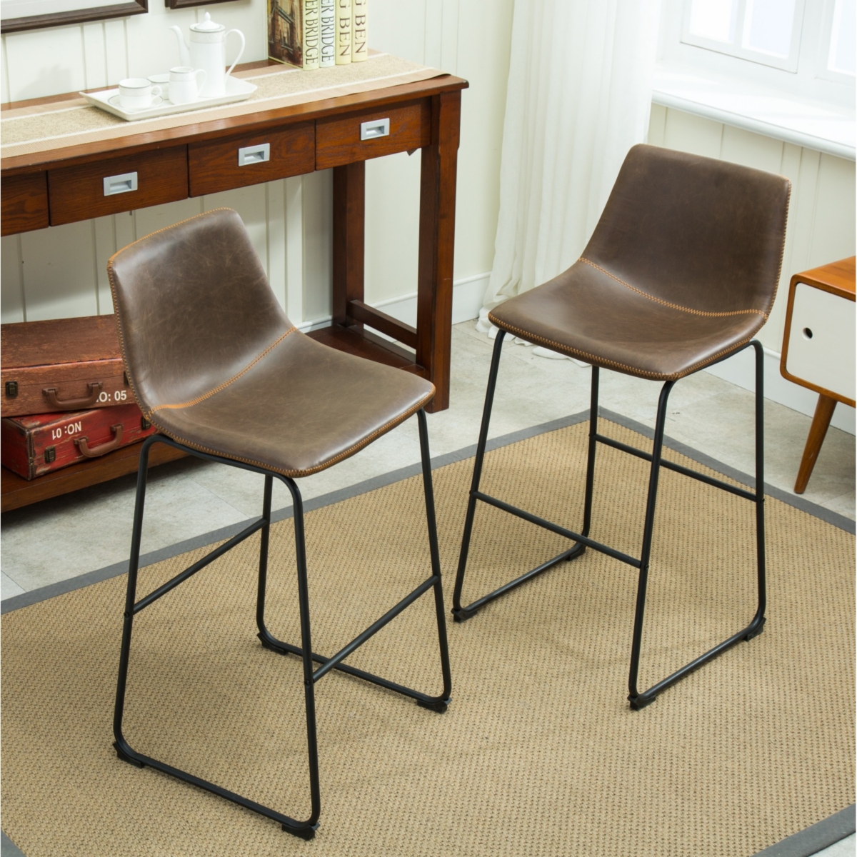 Streamdale Furniture Vintage Pu Leather Barstools, Set of 2, Antique Brown