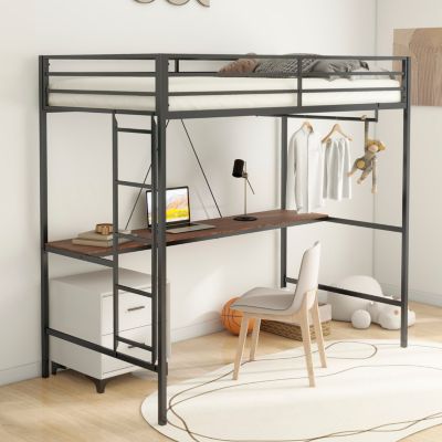  Adam Twin Loft Bunk Black with Cinnamon Wood Desk and Closet Rod