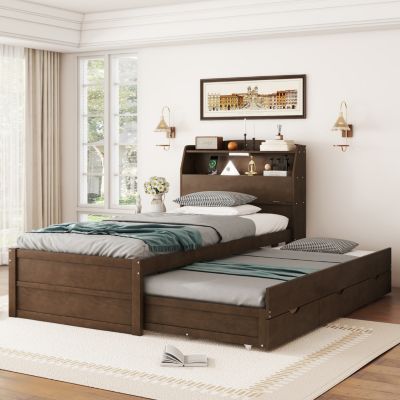 Twin Wooden LED Platform Bed with Storage & Trundle