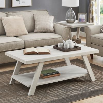 Contemporary Wood Shelf Coffee Table Set in White Finish