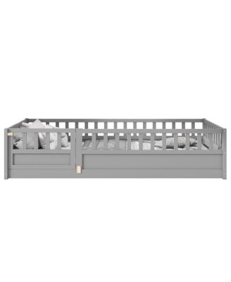 Streamdale Twin Floor Bed with Barrier and Door, Montessori Wooden Frame in Grey