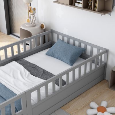 Streamdale Twin Floor Bed with Barrier and Door, Montessori Wooden Frame in Grey