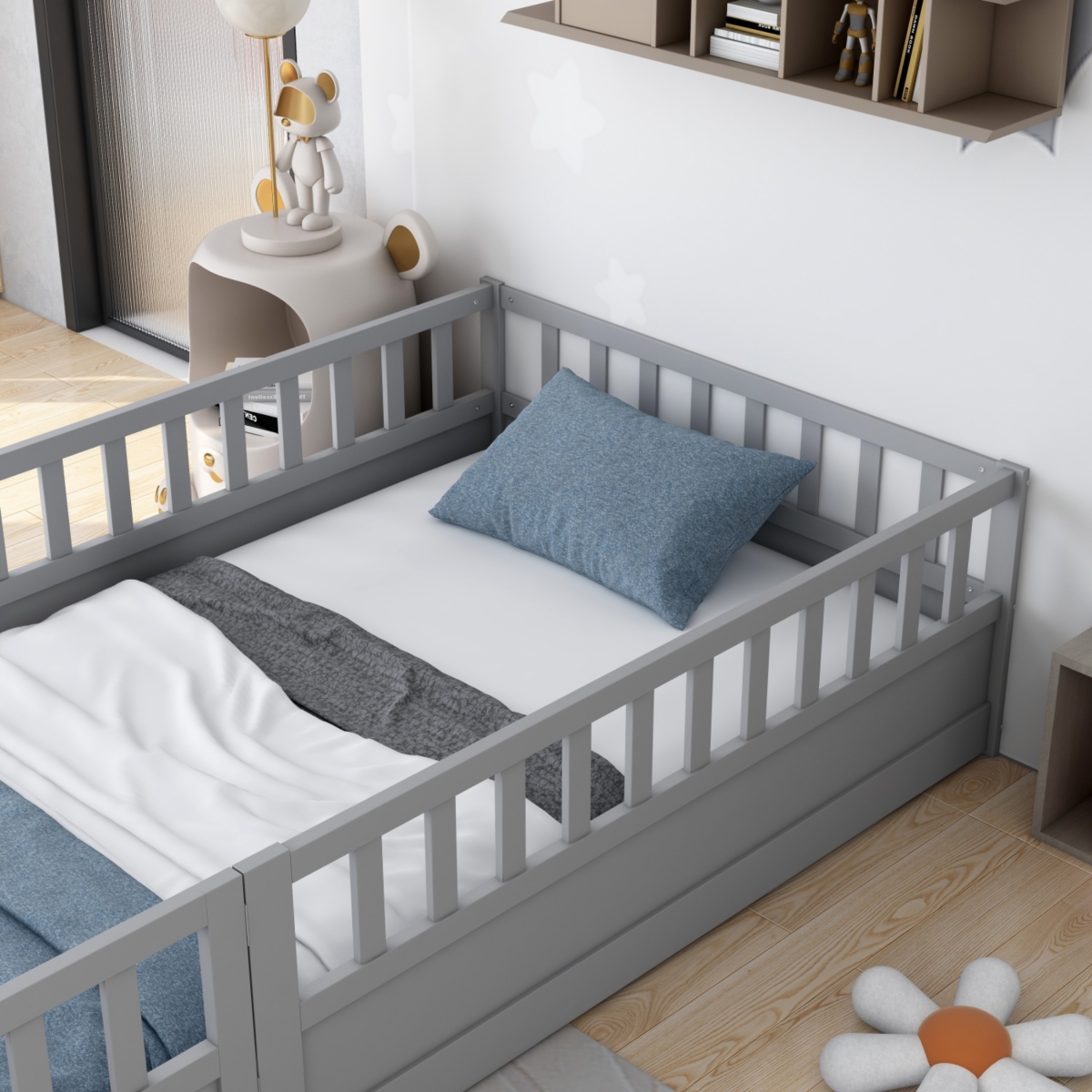 Streamdale Furniture Size Floor bed, integral construction with super high security barrier, door, children's floor bed frame, Montessori wooden