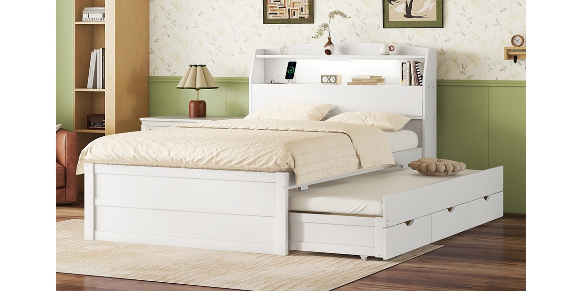 Streamdale Full-Size Led Bed with Trundle and Storage Headboard