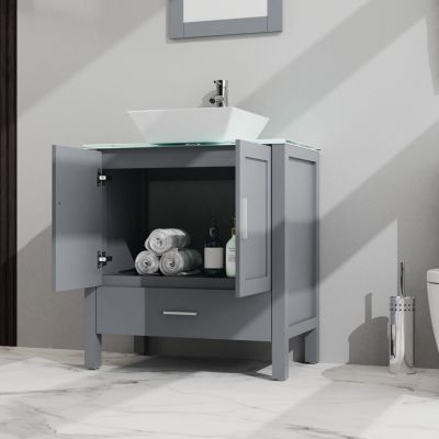 Streamdale 30" Bathroom Vanity and Sink Combo Glass Top Cabinet w/Mirror, Gray