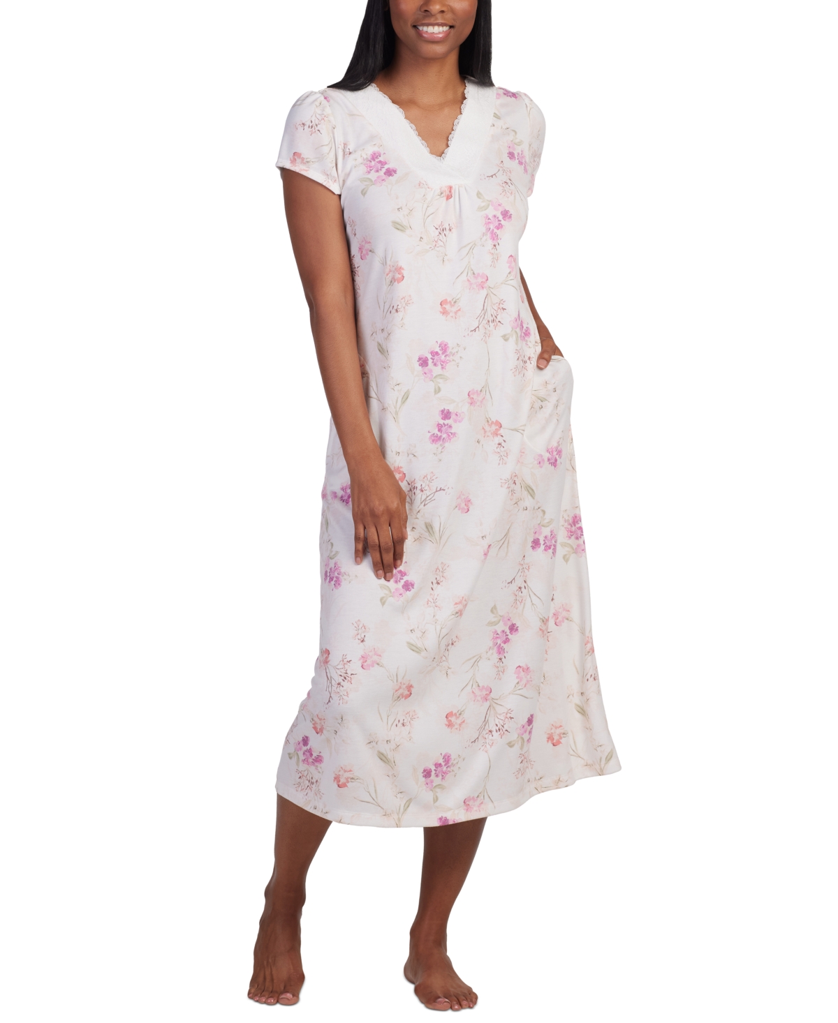 Women's Floral Cap-Sleeve Lace-Trim Nightgown - Pink Orchid