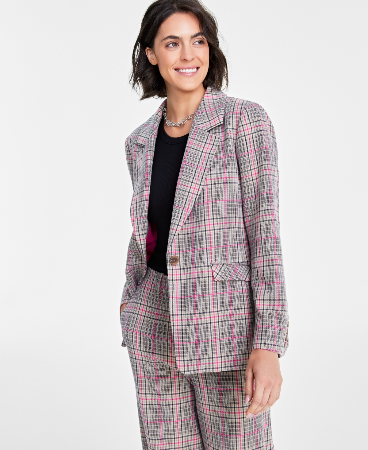 Shop On 34th Women's Plaid Boyfriend Blazer, Created For Macy's In Fuchsia Purple Combo