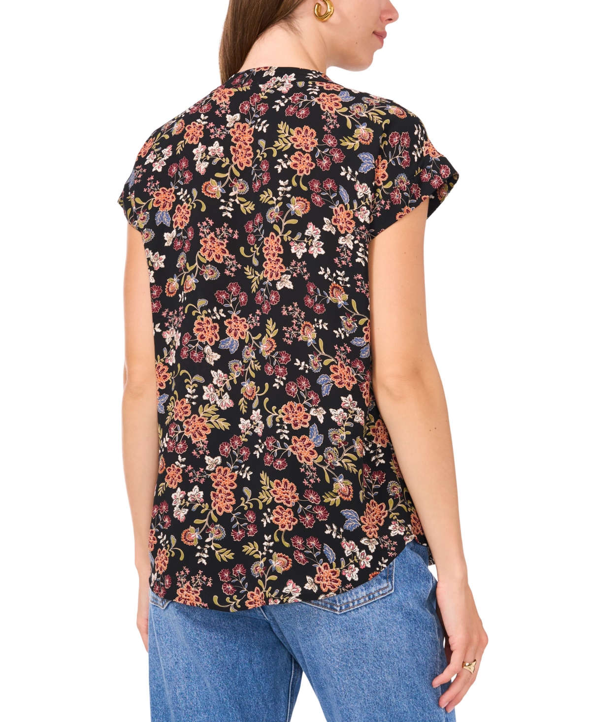 Vince Camuto Women's Floral-Print Split-Neck Short-Sleeve Blouse